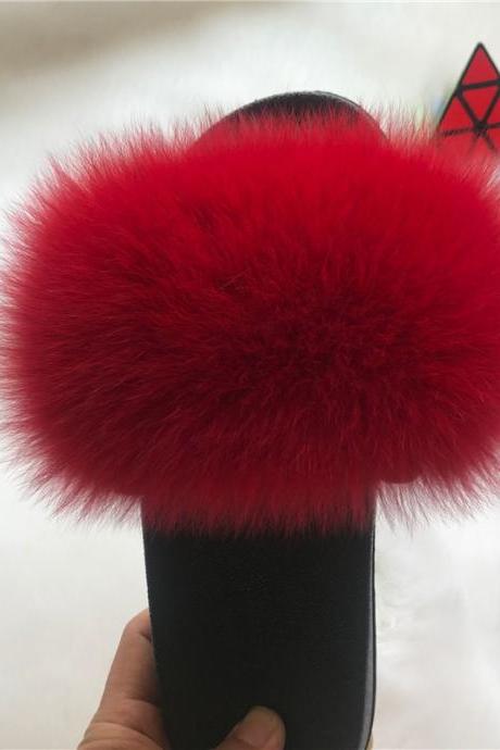 Color Matching Large Fur Real Natural Fox Fur Slides Colorful Fluffy Fur Slides Sandals Slippers Fashion Women Shoes-3