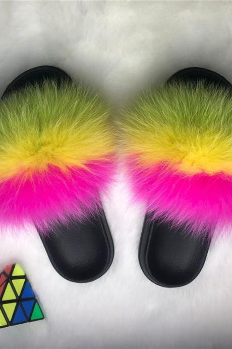Color Matching Large Fur Real Natural Fox Fur Slides Colorful Fluffy Fur Slides Sandals Slippers Fashion Women Shoes-10