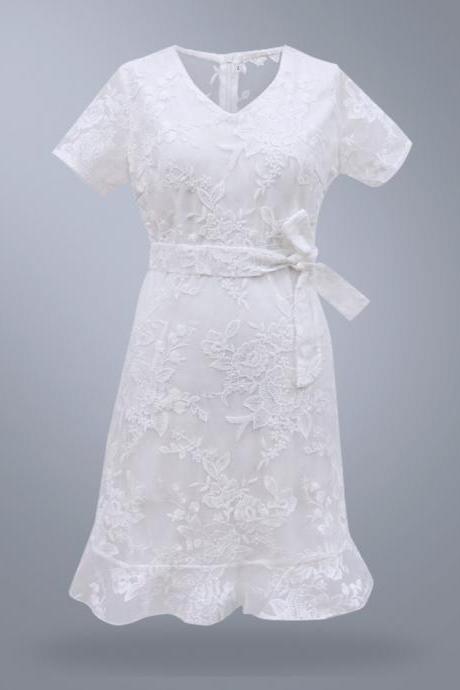 Free Shipping White V Neck Lace Short Dress