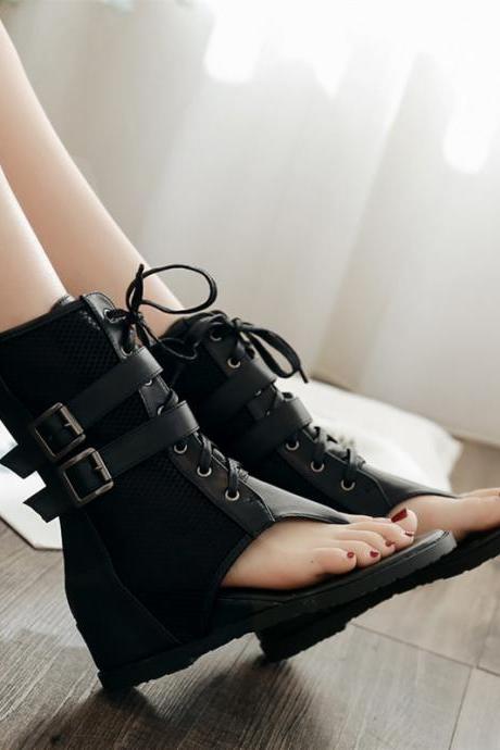 Free Shipping Clip toe women's sandals slope heel comfortable belt buckle women's shoes Roman high top cool boots
