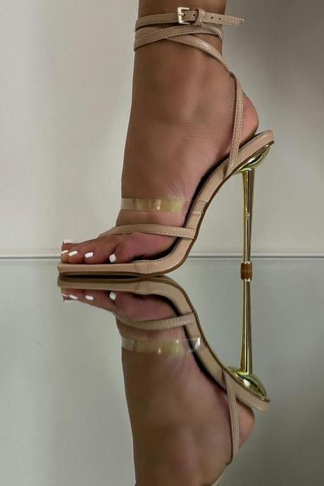 Free Shipping New clip toe transparent color matching ribbon electroplating high heel large Sandal-Apricot
