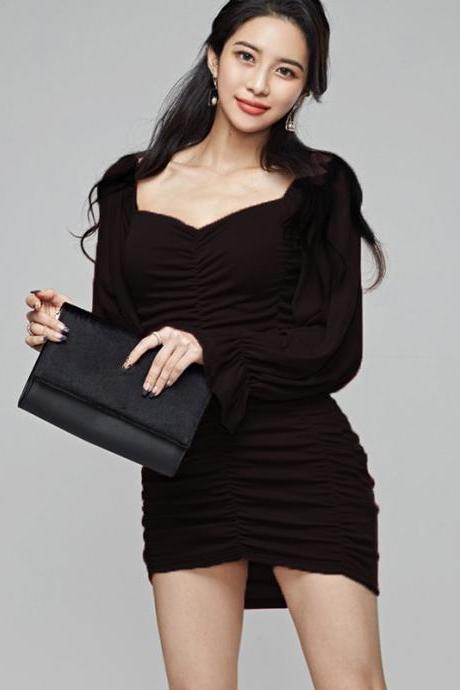 Free Shipping Flared Sleeve Smocked Slim Dress-Black