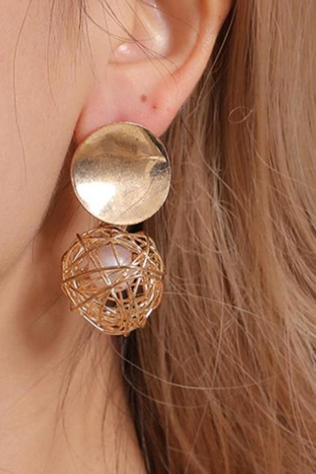 Shipping Retro Geometric Earrings Simple Woven Round Ball Pearl Earnails Metal Accessories-1