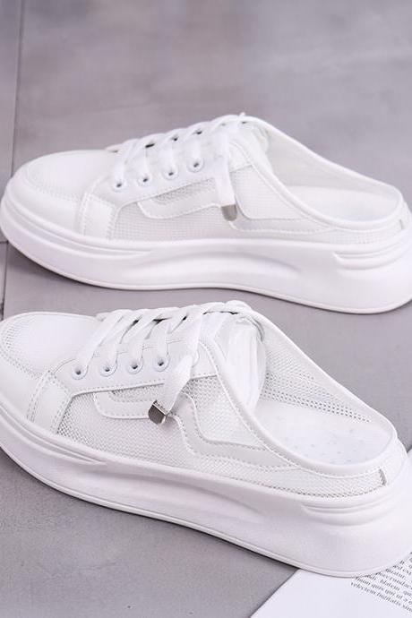 Mesh Thick Soled Shoes Wear Spring White Shoes Women's Casual Shoes Half Slippers-white
