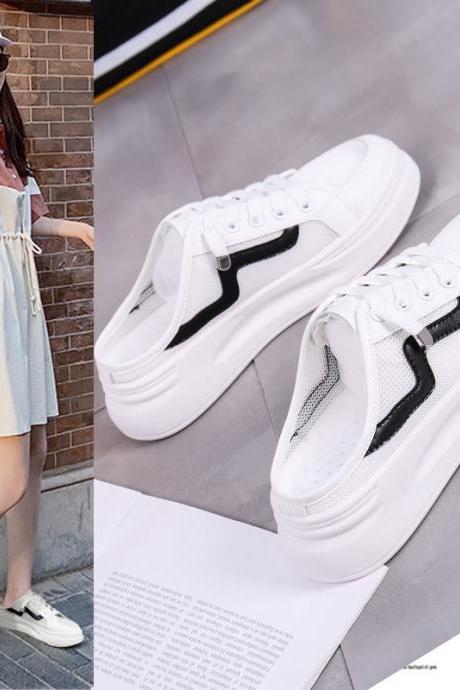 New mesh thick soled shoes wear spring white shoes women&#039;s casual shoes half slippers-Black