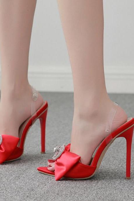 Popular Sexy Rhinestone Bow Satin Pointed Open Toe Stiletto Sandals-red