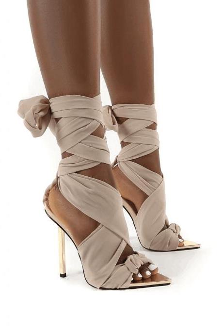 Cross Thin High Heel Sexy Fish Mouth Satin Women's Sandals-apricot