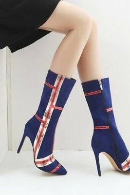 Color Matching Fashion Suede Thin High Heel Medium High Boots-blue