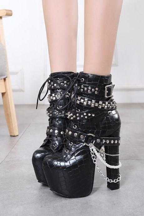 Pure Color Rivets Lace-up Chunky Heel Round Toe High Heels