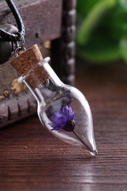 Handmade Diy Glass Cover Jewelry Natural Daisy Dried Flower Necklace Water Drop Drift Bottle Necklace-2