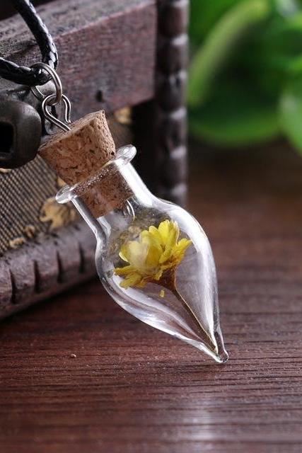 Handmade DIY glass cover jewelry natural Daisy dried flower necklace water drop drift bottle Necklace-3