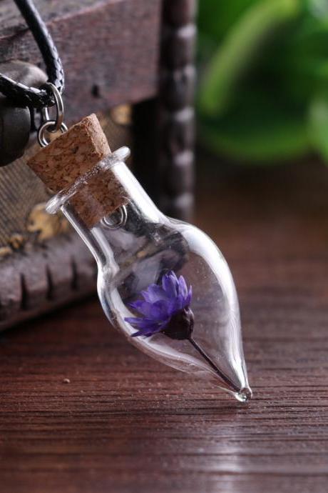 Handmade DIY glass cover jewelry natural Daisy dried flower necklace water drop drift bottle Necklace-9