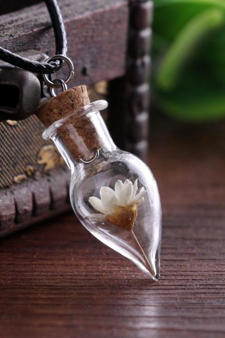 Handmade Diy Glass Cover Jewelry Natural Daisy Dried Flower Necklace Water Drop Drift Bottle Necklace-10