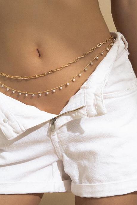 Imitation pearl waist chain retro multi-layer chain geometric body chain-Golden