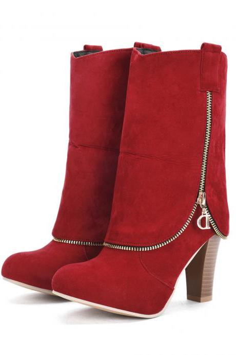 Suede High Heel Side Zip Martin Boots-red