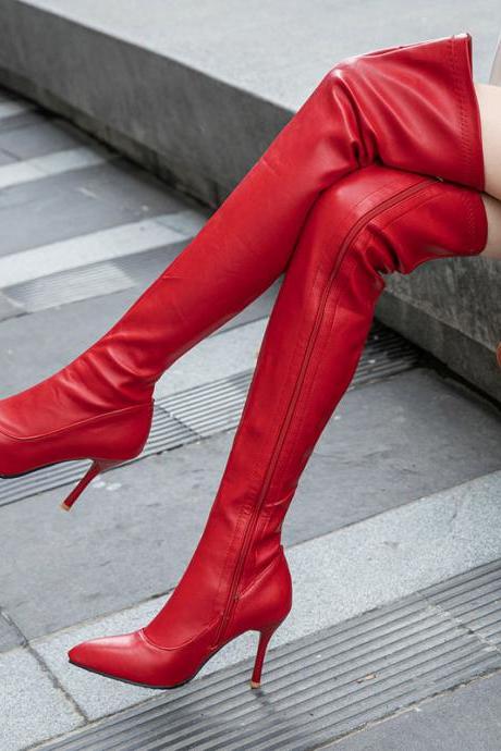Autumn And Winter High Heel Thin Heel Side Zipper Elastic High Boots-red
