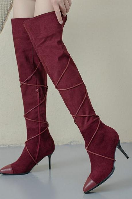 Autumn And Winter Plush Versatile Strap Knee High Boots-wine Red