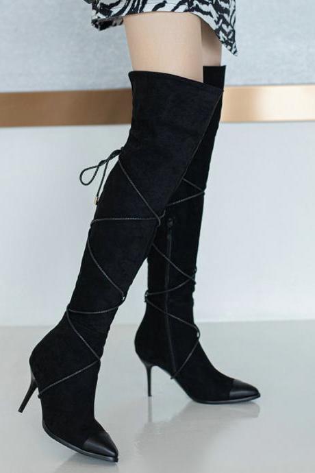 Autumn And Winter Plush Versatile Strap Knee High Boots-black