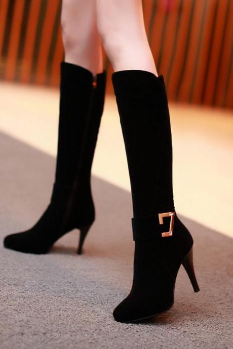 Black Suede High Heel Fine Heel Plush Frosted High Boots