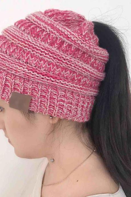 Rose Red Women&amp;amp;amp;#039;s Winter Outdoor Warm Wool Hat Empty Top Horsetail Knitted Hat