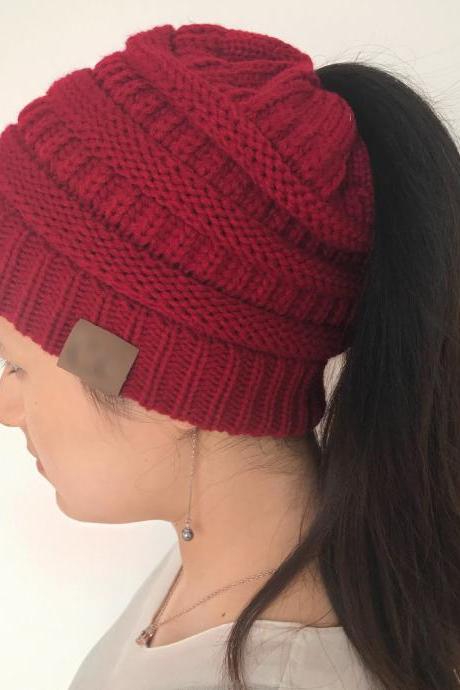 Wine Red Women's Winter Outdoor Warm Wool Hat Empty Top Horsetail Knitted Hat