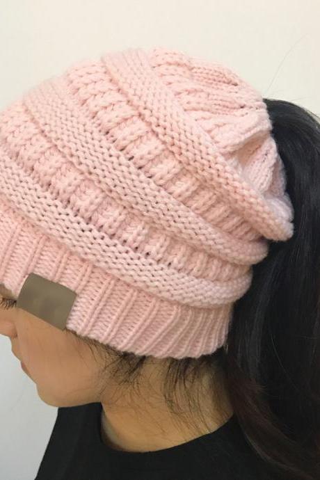Pink Women's Winter Outdoor Warm Wool Hat Empty Top Horsetail Knitted Hat