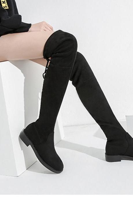 Inner High Autumn And Winter High Heel Elastic Over Knee Boots-black Plush