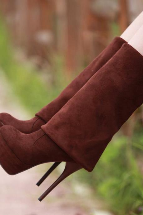Beige New Fashion Round Suede High Heeled Women's Knee Boots