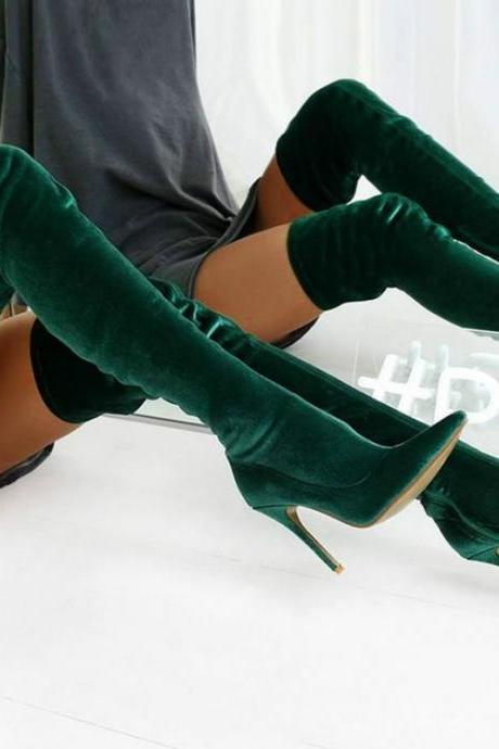 Green Pointed Elastic High Heel Frosted High Tube Knee High Boots