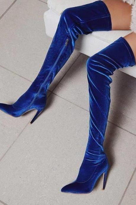 Blue Pointed Elastic High Heel Frosted High Tube Knee High Boots