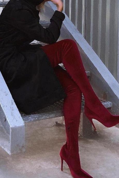 Red Pointed Elastic High Heel Frosted High Tube Knee High Boots