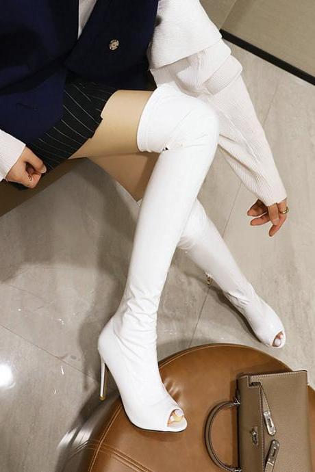 White Side Zipper Fish Mouth Knee Dance Party Boots