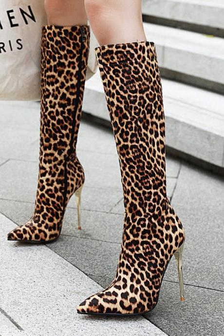 Leopard Fashion Sexy Thin Heel Women's Pointed Knee Long Boots