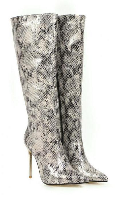 Snake Fashion Sexy Thin Heel Women's Pointed Knee Long Boots