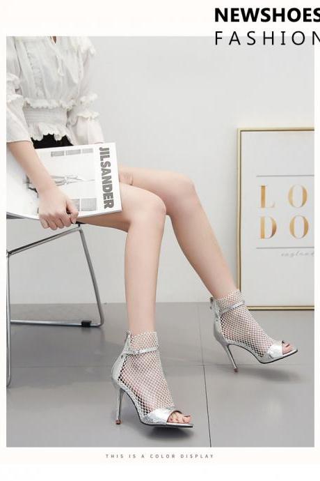 Silvery Fish Mouth Open Toe Banquet High-Heeled Sandals