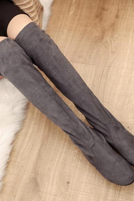 Gray New Autumn And Winter High Knee Flat Boots