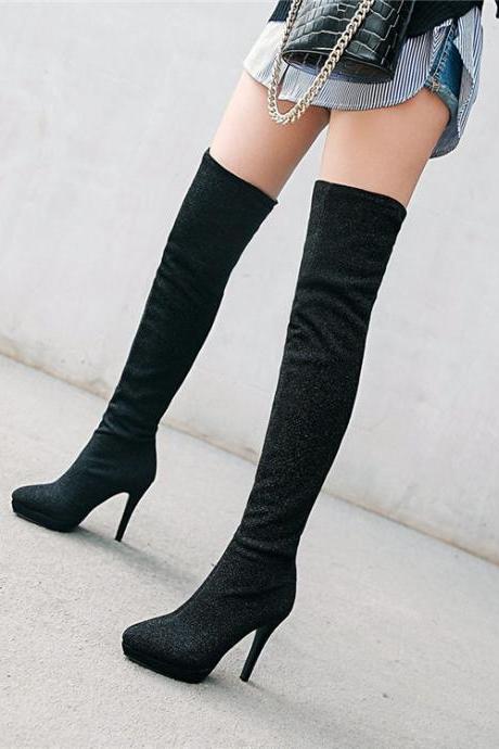 Black Elastic Pointed Large Suede Women&#039;s Martin Boots