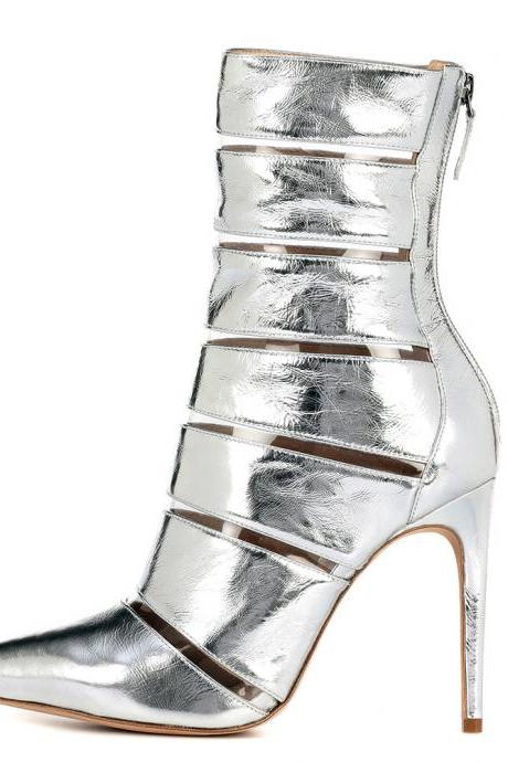 Pointed Silver Stitched Stiletto Ankle Boots