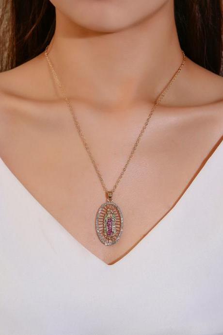 Fashion Diamond Studded Jesus Necklace Women&amp;amp;amp;#039;s Oval Color Full Diamond Sweater Chain