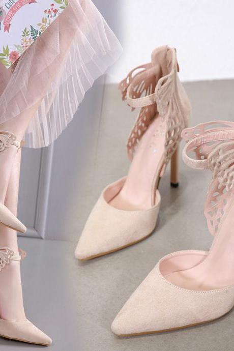 Apricot Fashion Pointed Butterfly Wings High-Heeled Women's Sandals