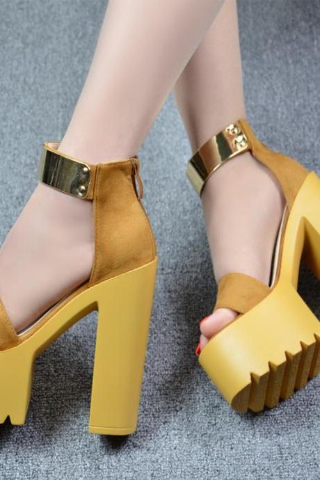 Yellow Hollow out 14cm high thick heel waterproof Platform Sandal