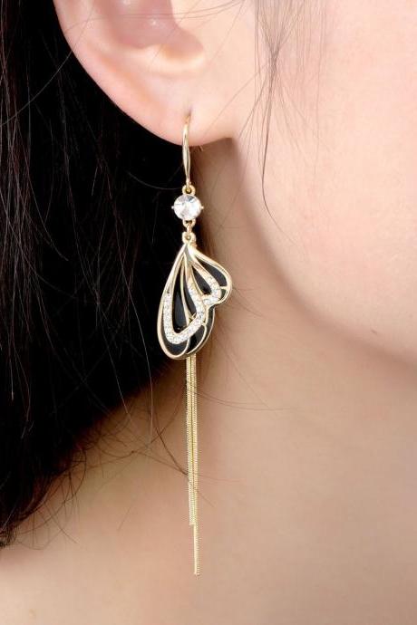 Black Butterfly Tassel Earrings Long Diamond Earrings