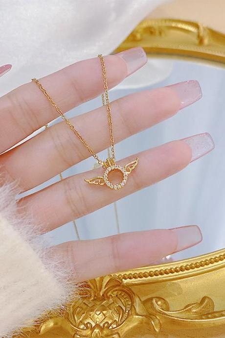 Angel wing real gold plated titanium steel necklace with diamond clavicle chain