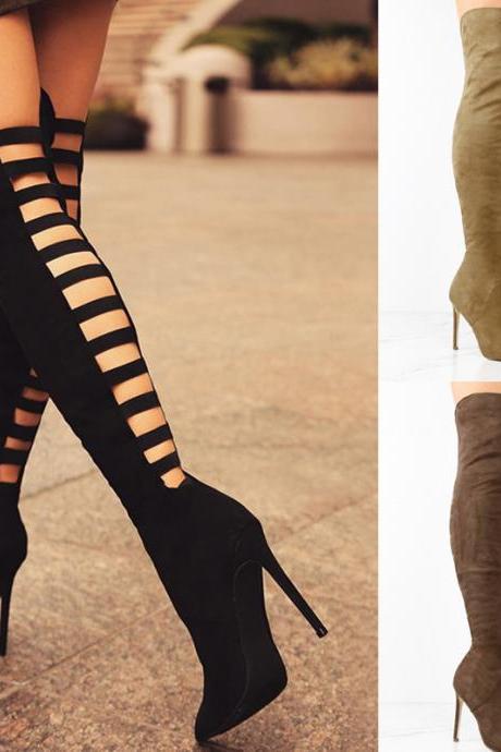 Lace Up Hollow Out Stiletto Heel Pointed Toe Over Knee Boots