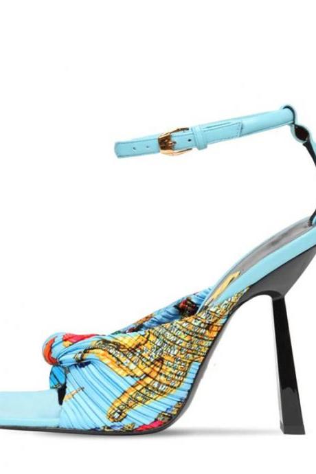 Light Blue Square Head Open Toe Fashion Special-Shaped High-Heeled Sandals