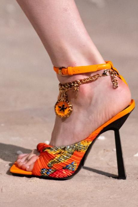 Orange Square Head Open Toe Fashion Special-Shaped High-Heeled Sandals