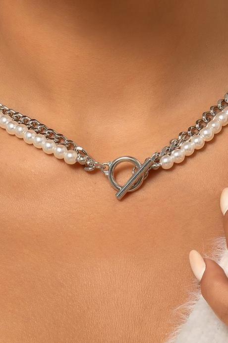 Double Layer Imitation Pearl Cross Chain Necklace Vintage Ot Buckle Pendant Collarbone Necklace
