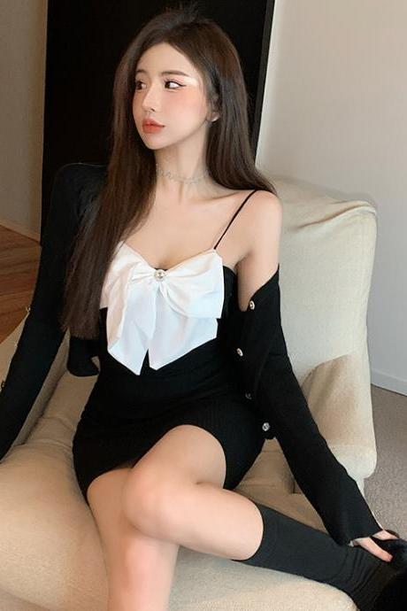 Knitted Cardigan Top Bow Suspender Dress Two-piece Set