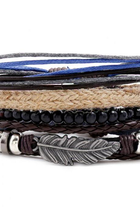 Vintage Leaf Cowhide Suit Bracelet Multi-layer Hemp Rope Woven Bracelet Bracelet