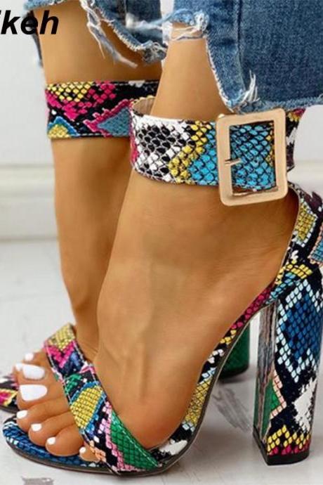 2022 Leopard Print Women Sandals High Heels Summer Ankle Strap Square Heel Fashion Sandals